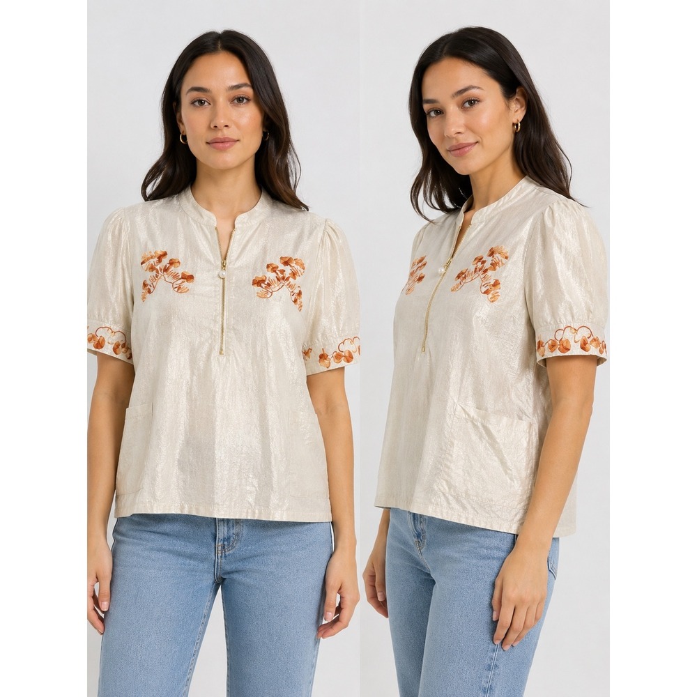 Vintage Mushroom Embroidered White‎ Cotton Shirt Boho Guayabera Cottagecore Top